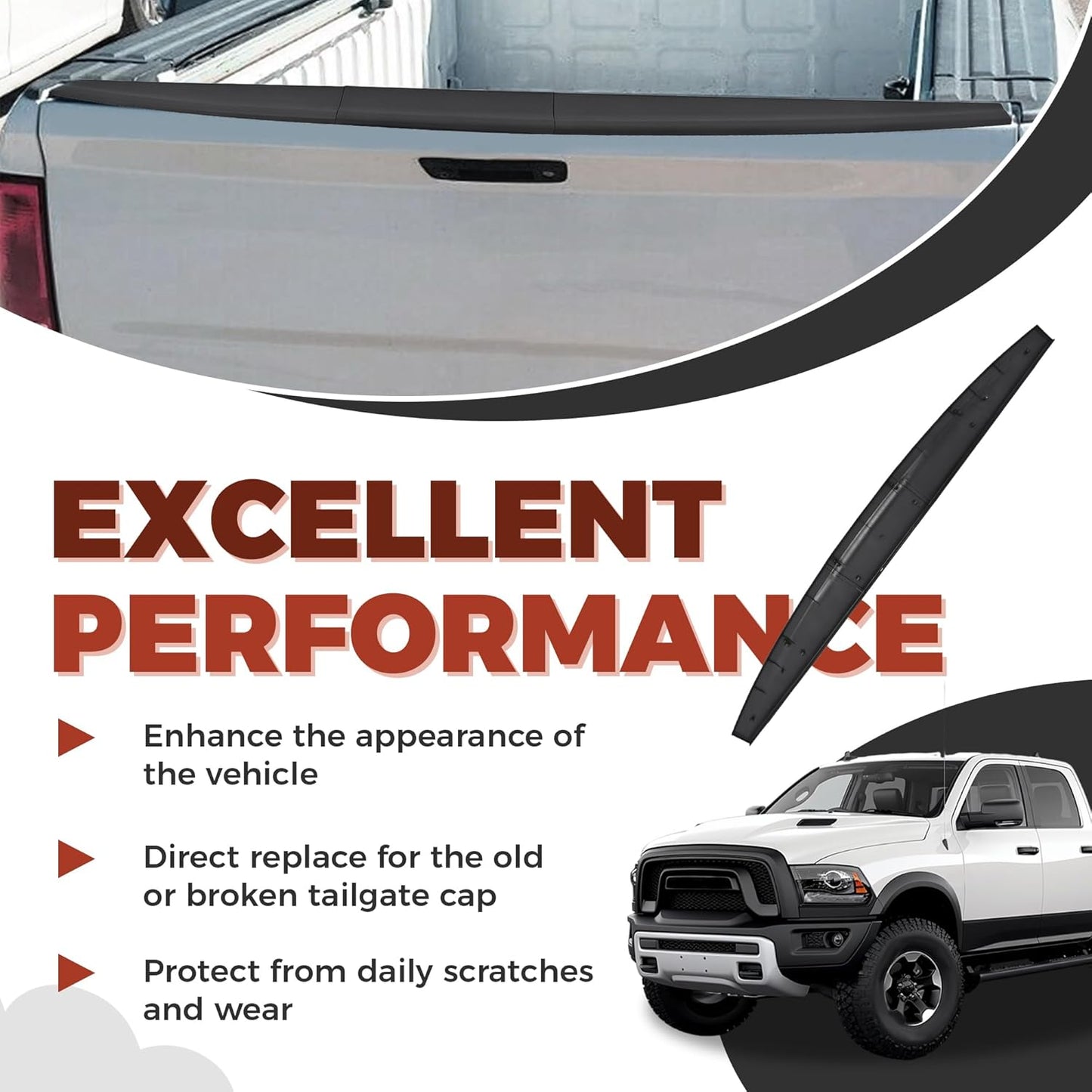 Tailgate Molding Cap Spoiler (3-PCS) for 2009-2019 Dodge Ram 1500/2500/3500 Classic - Replaces CH1909100/55372052AH