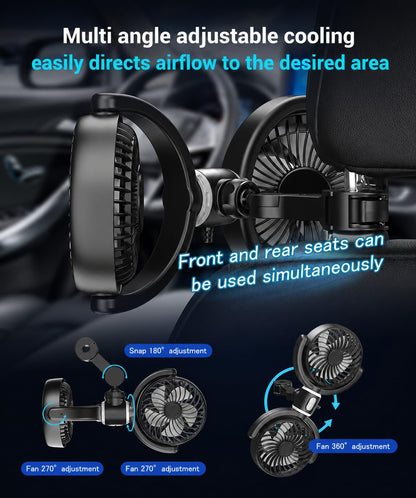 USB Powered Car Backseat Fan, Dual Head, Quiet, 3-Speed, 360° Circulation