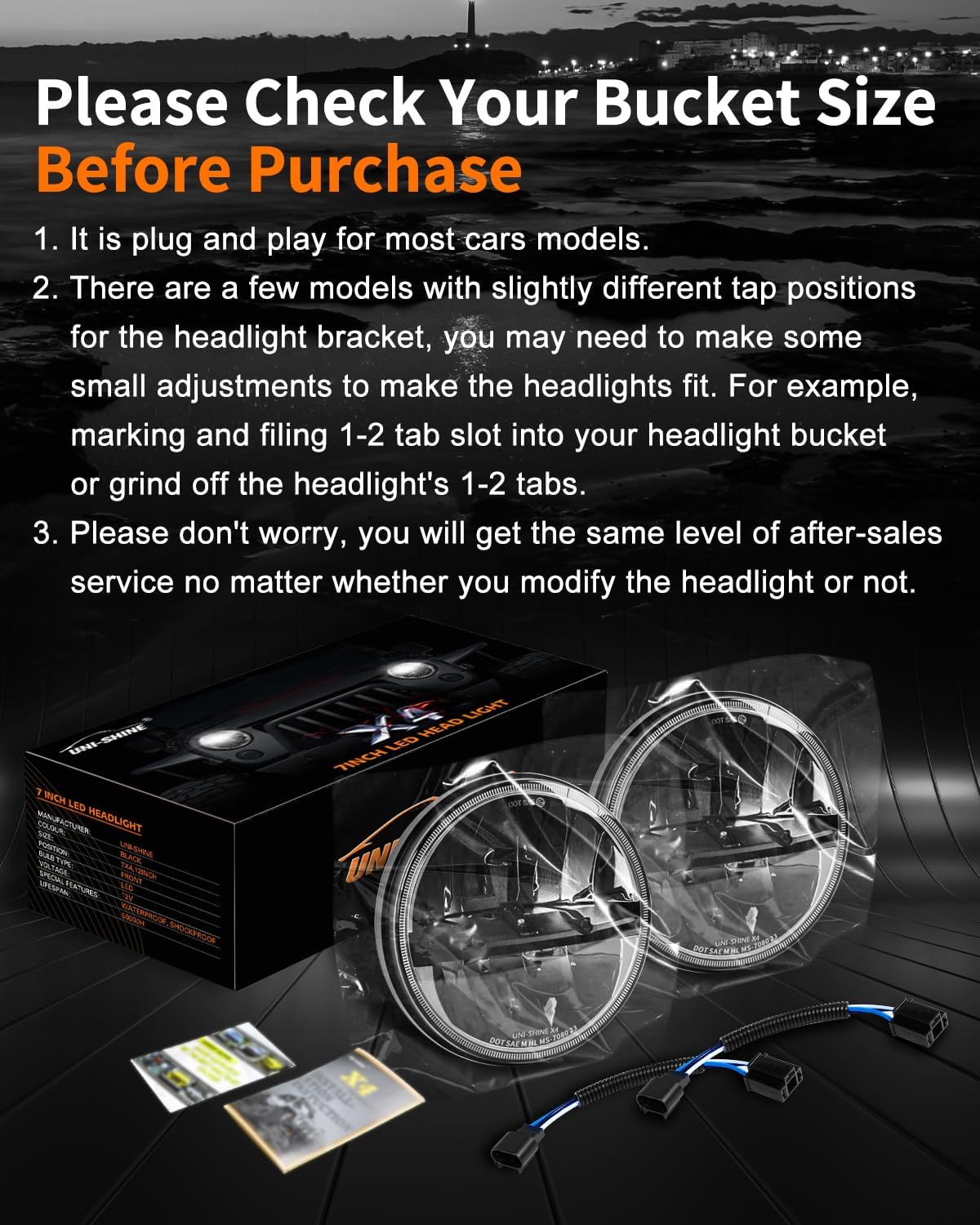 2-PCS 7" LED Headlights - DOT Approved, Hi/Lo Beam, Plug & Play, Universal Fit