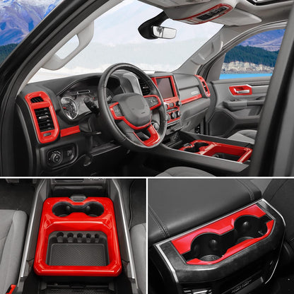 27Pcs Interior Trim Kit Cover Compatible with 2018-2025 Dodge RAM 1500 4-Door,Cup Holder Door Handle Dashboard Panel Roof Reading Light Side Outlet Cover Trim(Red)
