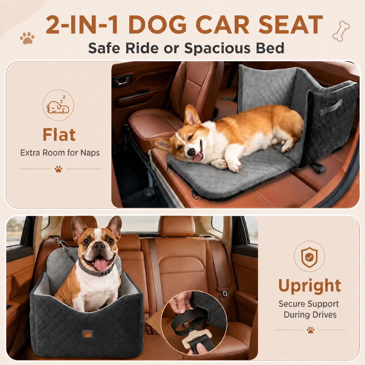 Small/Medium Dog Car Seat w/Side Opening - Thick Cushion, Detachable Washable, 35 lb Capacity (Grey)