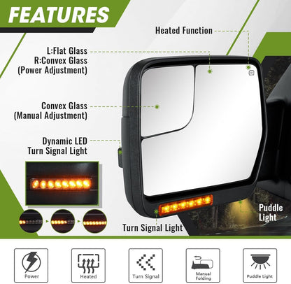 Side Mirrors for 2004-2014 Ford F-150 with Dynamic Turn Signal Puddle Light Heated Power Glass Manual Folding Tow Mirrors- Pair