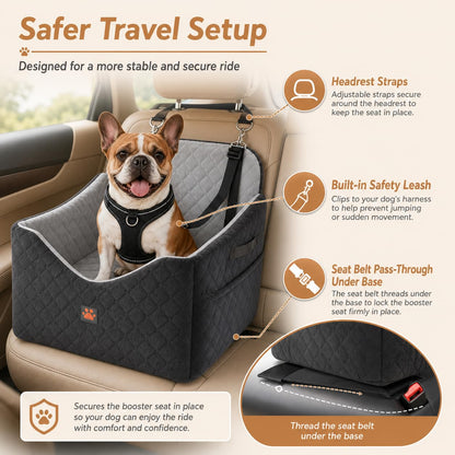 Small/Medium Dog Car Seat w/Side Opening - Thick Cushion, Detachable Washable, 35 lb Capacity (Grey)