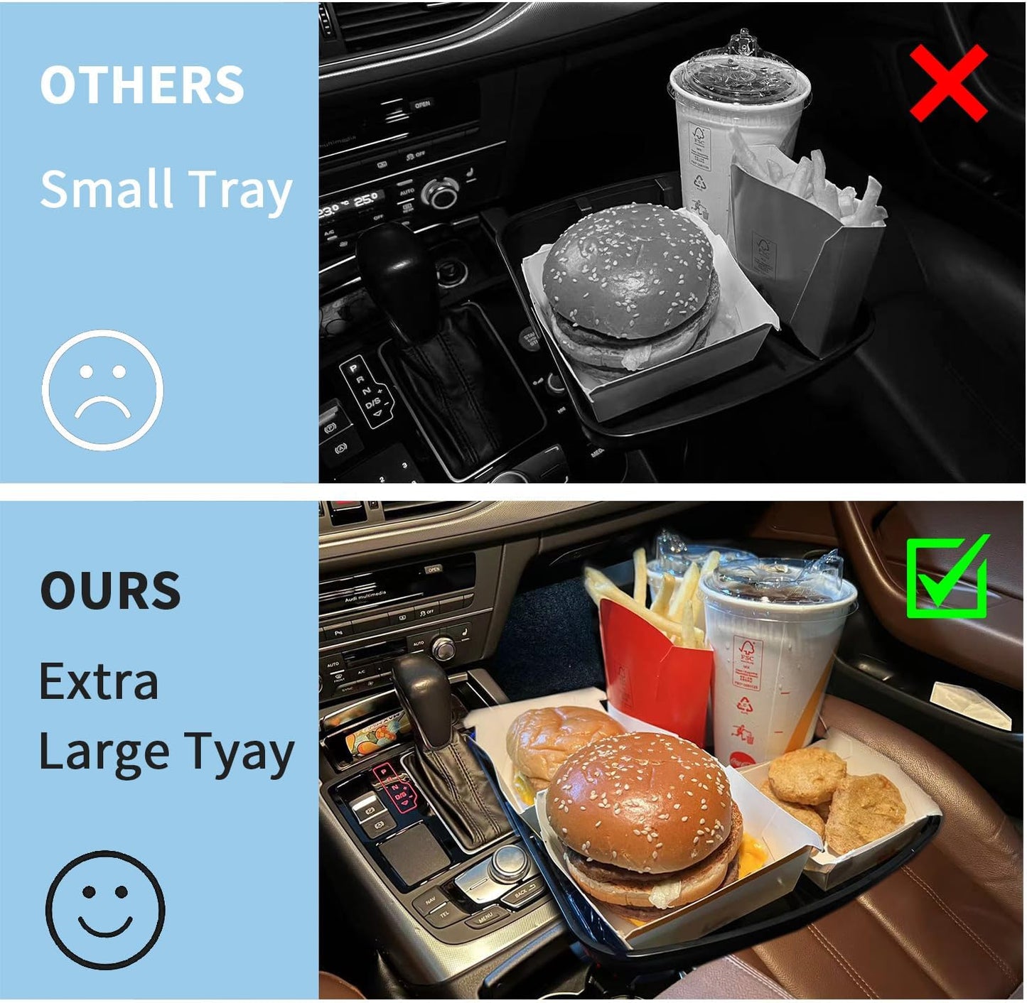 3-in-1 10" Car Food Tray with Cup Holder/Phone Mount - 360° Rotating, Detachable for Road Trips