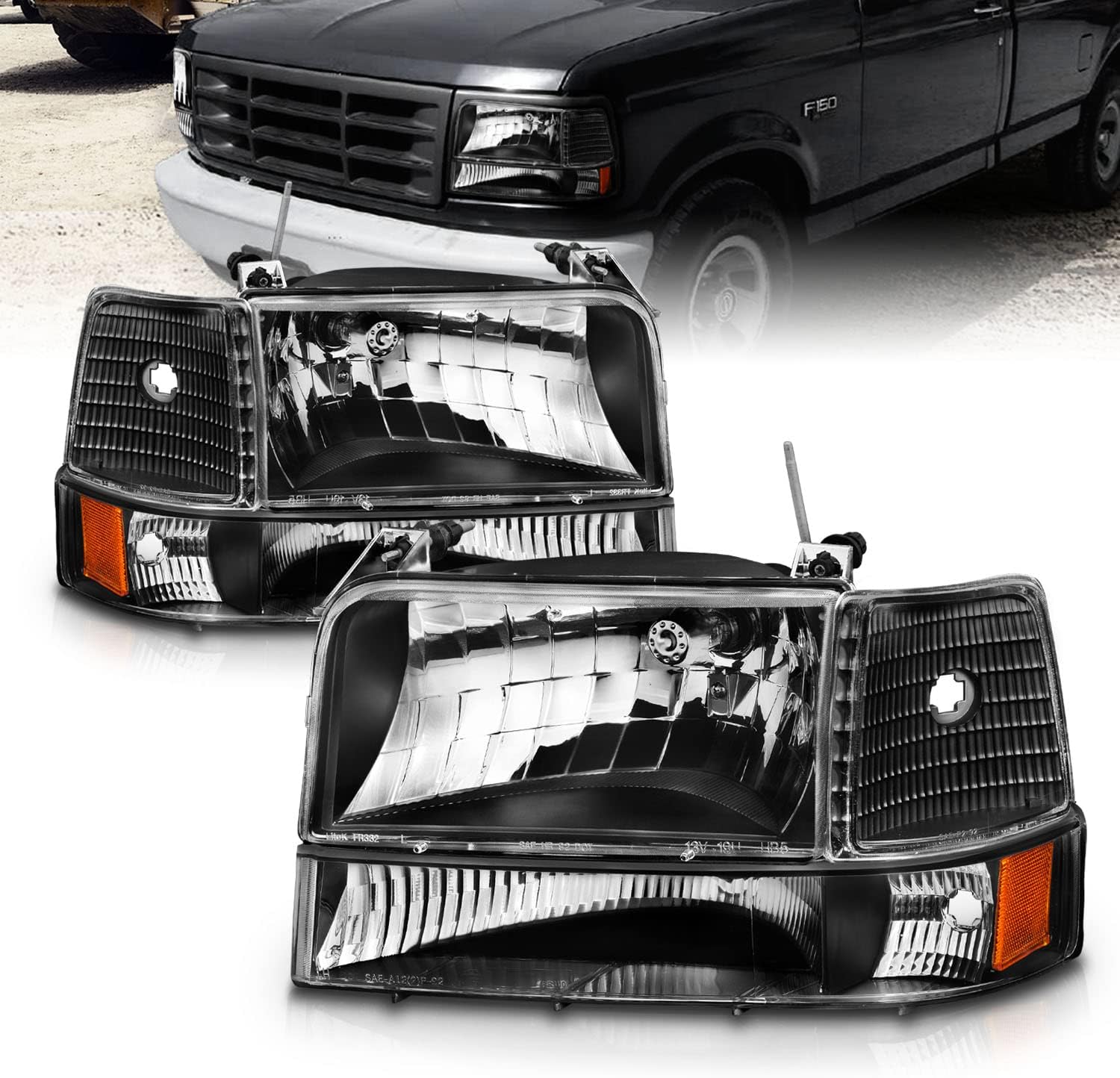 Headlight Assembly w/Bumper Corner Lamp Set for 1992-1996 Ford F150 F250 F350 Bronco Truck - OHMU