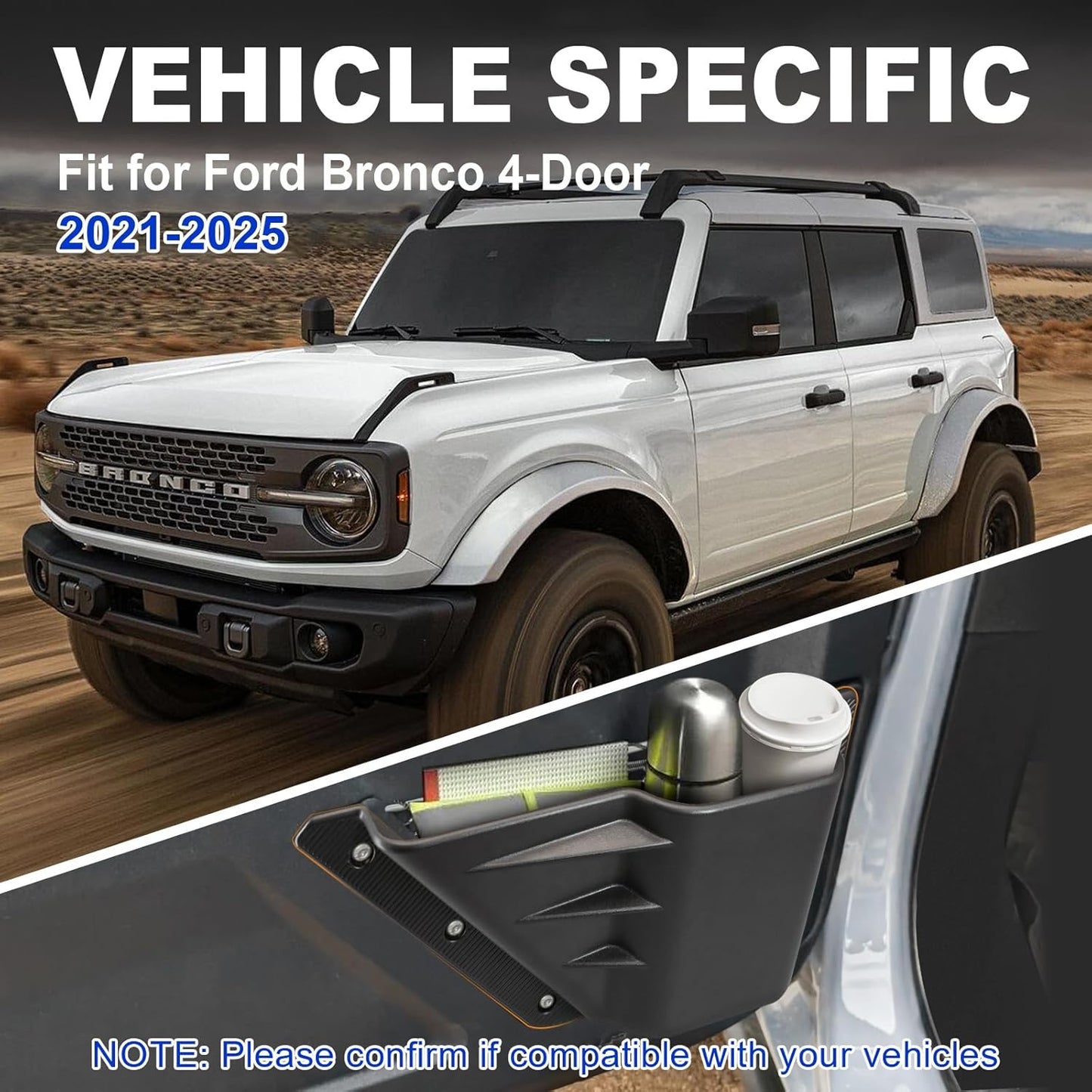 4-PCS Door Storage Pockets for 2021-2025 Ford Bronco 4-Door - Front & Rear Organizer with Cup Holder (Excludes Sport)