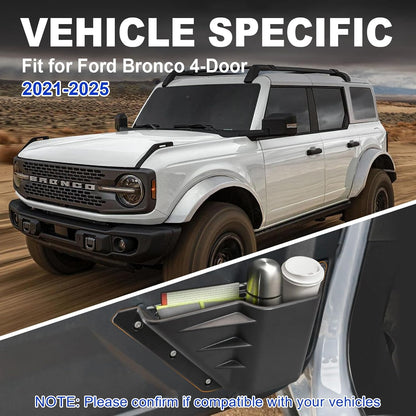 4-PCS Door Storage Pockets for 2021-2025 Ford Bronco 4-Door - Front & Rear Organizer with Cup Holder (Excludes Sport)