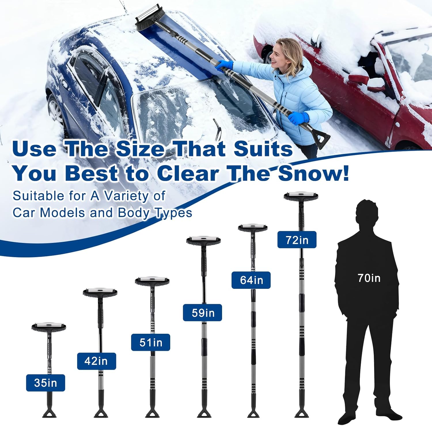 72" Extendable Long Snow Brush with Ice Scraper for Car Truck SUV Van - Soft Squeegee with 270° Pivoting Brush Head for Windshield Window - Snow Scraper & Antifreeze Gloves for Car Winter Accessories