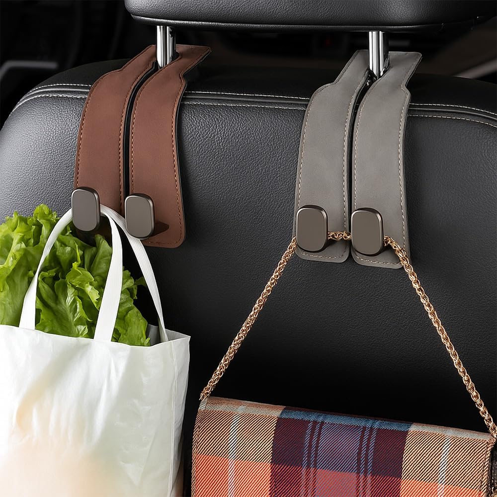 Twin Leather Headrest Hooks (2-Pack) for Bags & Purses - Car Seat Organizers (Black)