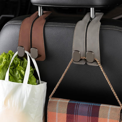 Twin Leather Headrest Hooks (2-Pack) for Bags & Purses - Car Seat Organizers (Black)