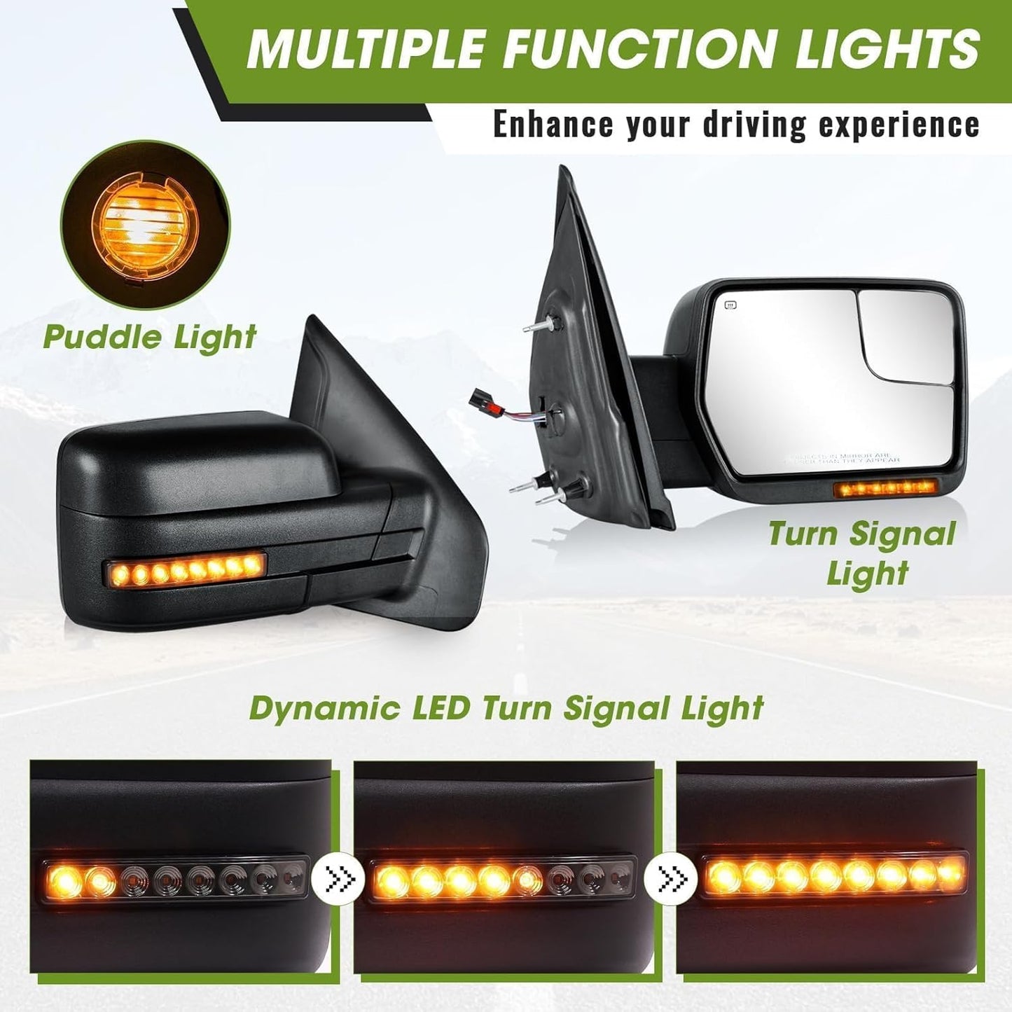 Side Mirrors for 2004-2014 Ford F-150 with Dynamic Turn Signal Puddle Light Heated Power Glass Manual Folding Tow Mirrors- Pair