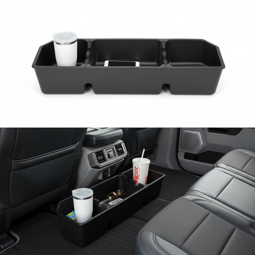 KitsPro Black Rear Underseat Storage Custom Fit 2017-2024 Ford F-250 F-350 F-350 Super Duty and 2015-2024 Ford F-150 SuperCrew Crew Cab Heavy Duty Rear Under Back Seat Box Organizer, Anti Slip