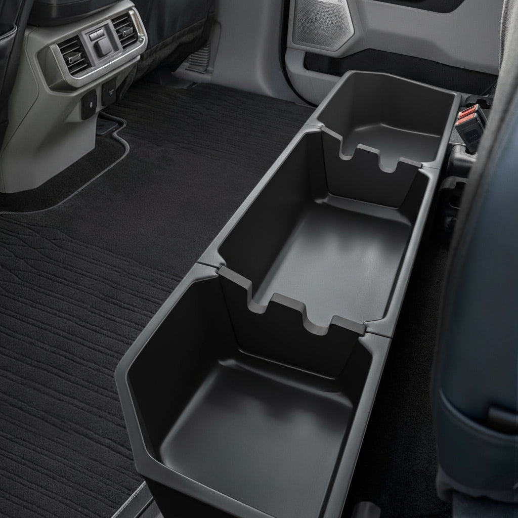 KitsPro Black Rear Underseat Storage Custom Fit 2017-2024 Ford F-250 F-350 F-350 Super Duty and 2015-2024 Ford F-150 SuperCrew Crew Cab Heavy Duty Rear Under Back Seat Box Organizer, Anti Slip