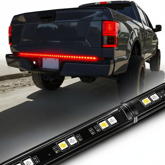 OPT7 60" Redline Parlux Single Row LED Tailgate Light Bar w/Red Turn Signal, Rigid Aluminum Frame Strip – Fits 2005–2014 F150, RAM, Silverado/Sierra 1500 – Full Functions: Brake, Reverse, Running