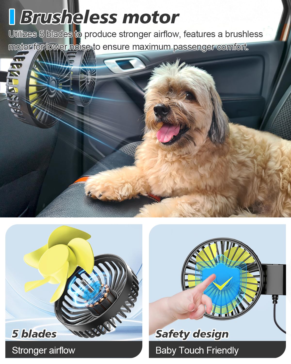 Dual Head USB Car Fan for Backseat Cooling