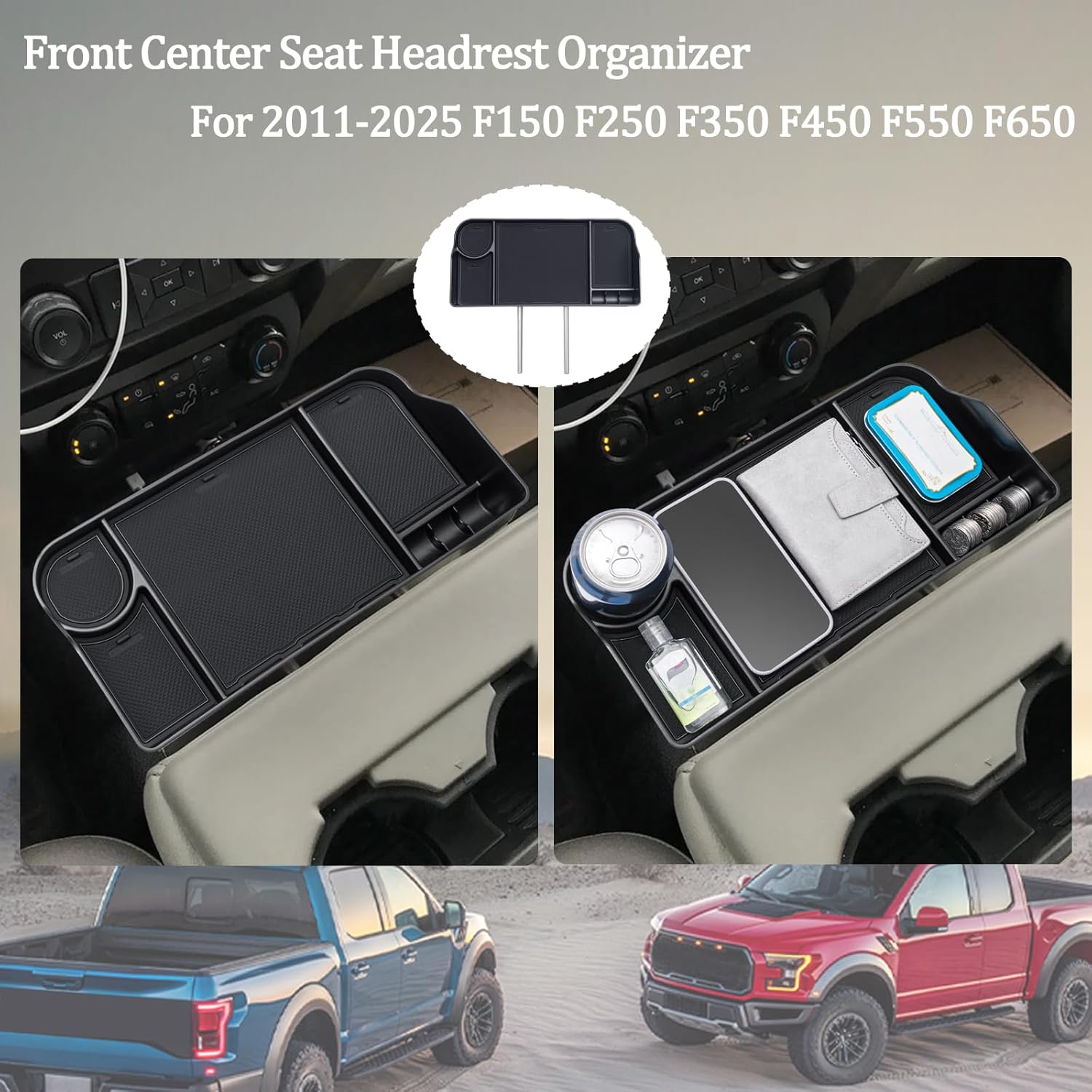 JDMCAR Upgrade Front Center Seat Headrest Organizer Compatible with 2011-2024 2025 Ford F150 F250 F350 F450 F550 F650 Accessories, Coin Container Storage Box with Non-Slip Silicone Mat(Jump Seat Only)