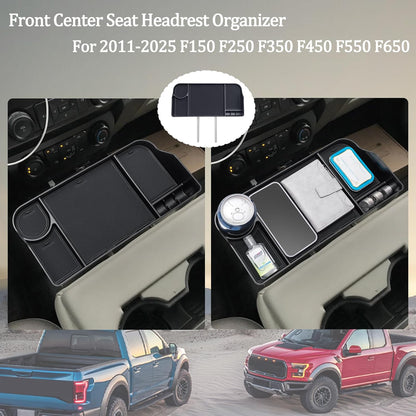 JDMCAR Upgrade Front Center Seat Headrest Organizer Compatible with 2011-2024 2025 Ford F150 F250 F350 F450 F550 F650 Accessories, Coin Container Storage Box with Non-Slip Silicone Mat(Jump Seat Only)