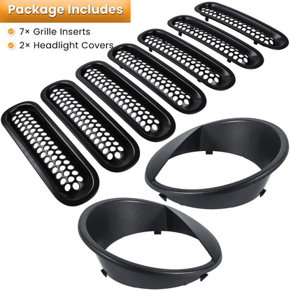 Matte Black Grille & Headlight Trim Set for Jeep Wrangler JK 2007-2018