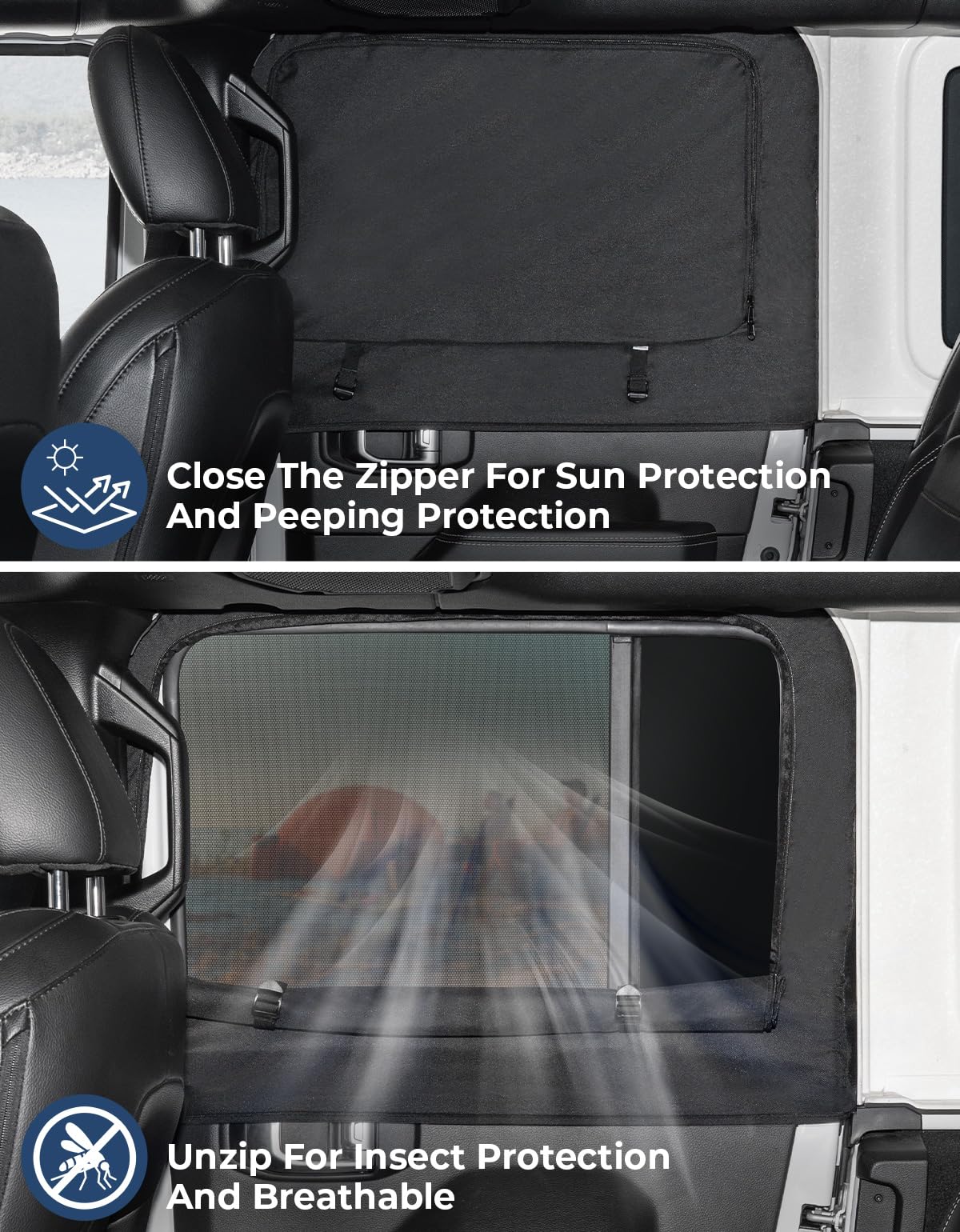 2-Piece Rear Side Window Sun Shade for 2007-2026 Jeep Wrangler 4-Door & Gladiator - Privacy Screen
