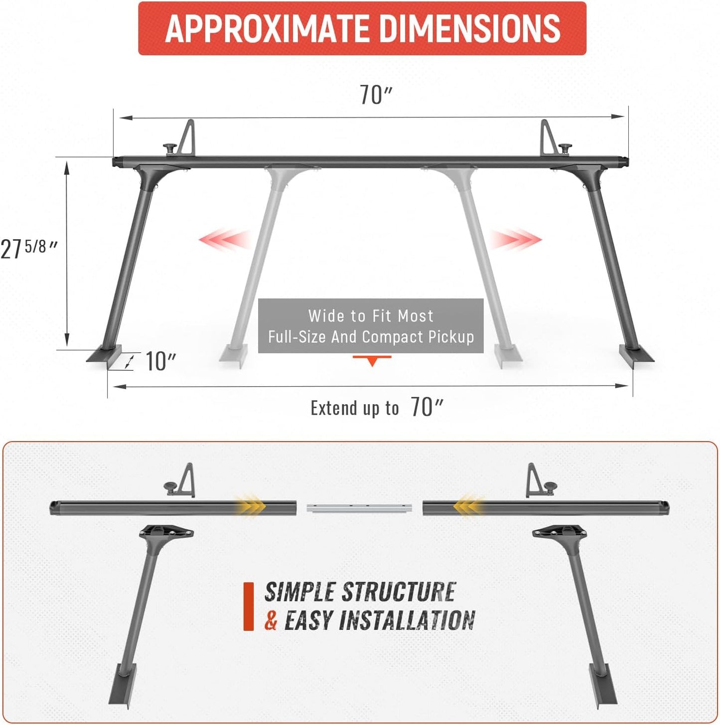 AA-Racks Model APX25-Lite Extendable Aluminum Truck Ladder Rack Adjustable Pick-Up Ladder Rack (No Drilling Required) - Black