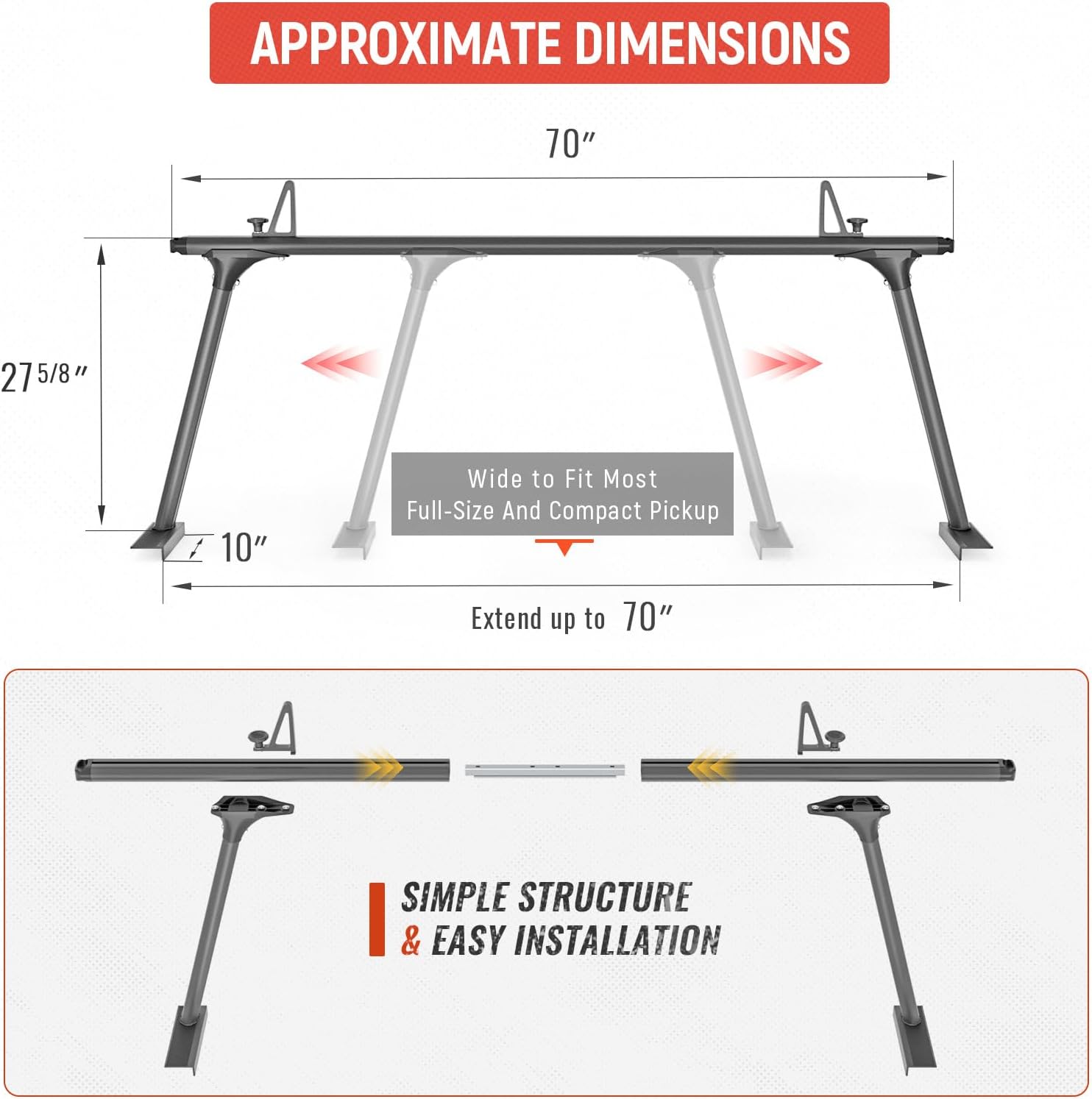 AA-Racks Model APX25-Lite Extendable Aluminum Truck Ladder Rack Adjustable Pick-Up Ladder Rack (No Drilling Required) - Black
