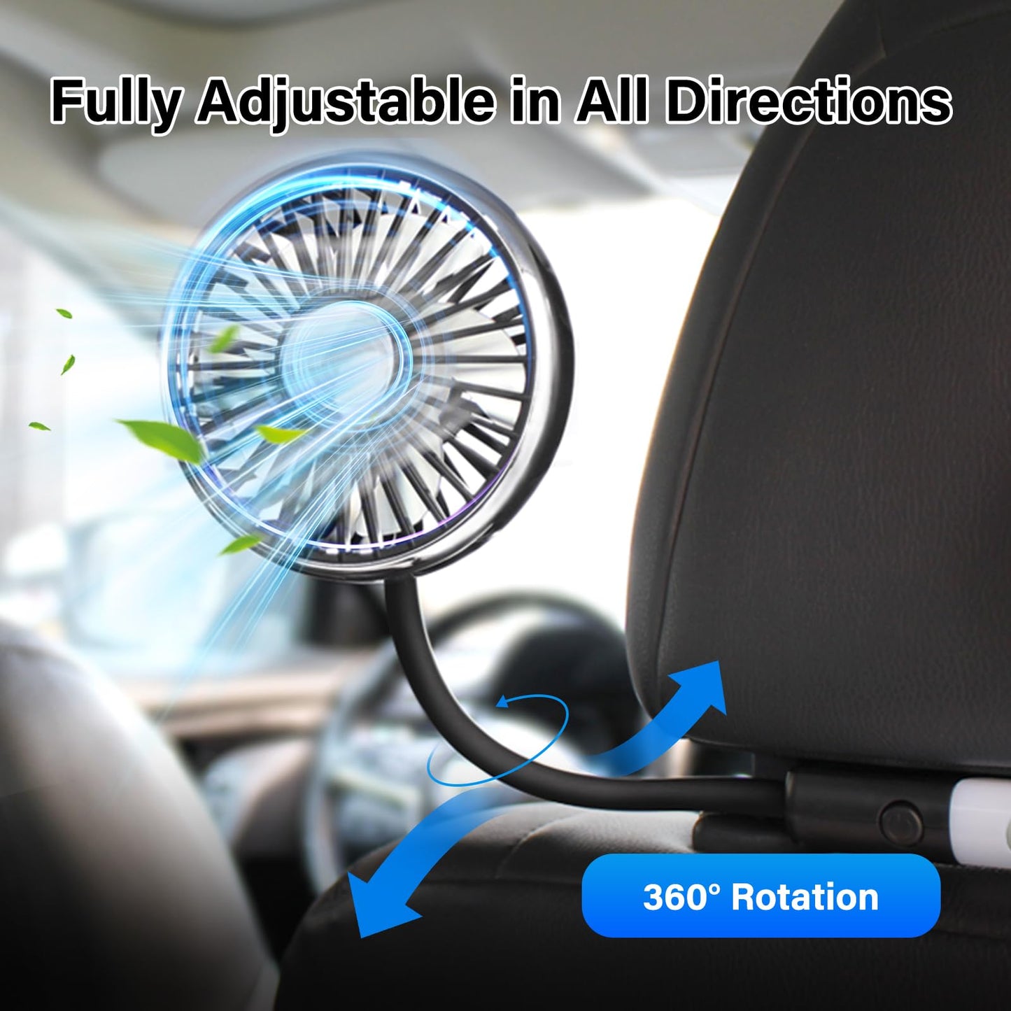 Dual Head Car Backseat Fan, 3-Speed with LED Light, USB Powered