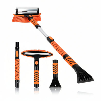 43" 3-in-1 Extendable Snow Brush - 180° Pivot, Squeegee & Ice Scraper (Black/Orange)