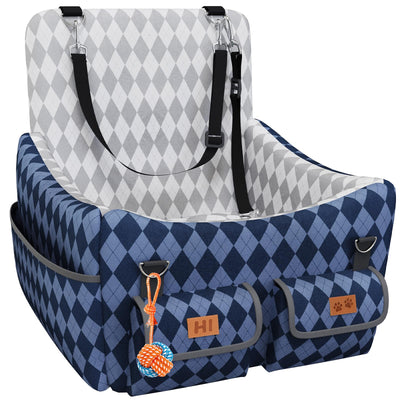 Memory Foam Dog Booster Seat - 4-Pocket Storage, Detachable Washable, Holds up to 35lbs (Blue/Grey)
