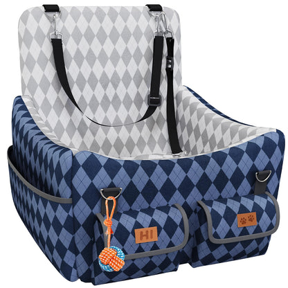 Memory Foam Dog Booster Seat - 4-Pocket Storage, Detachable Washable, Holds up to 35lbs (Blue/Grey)