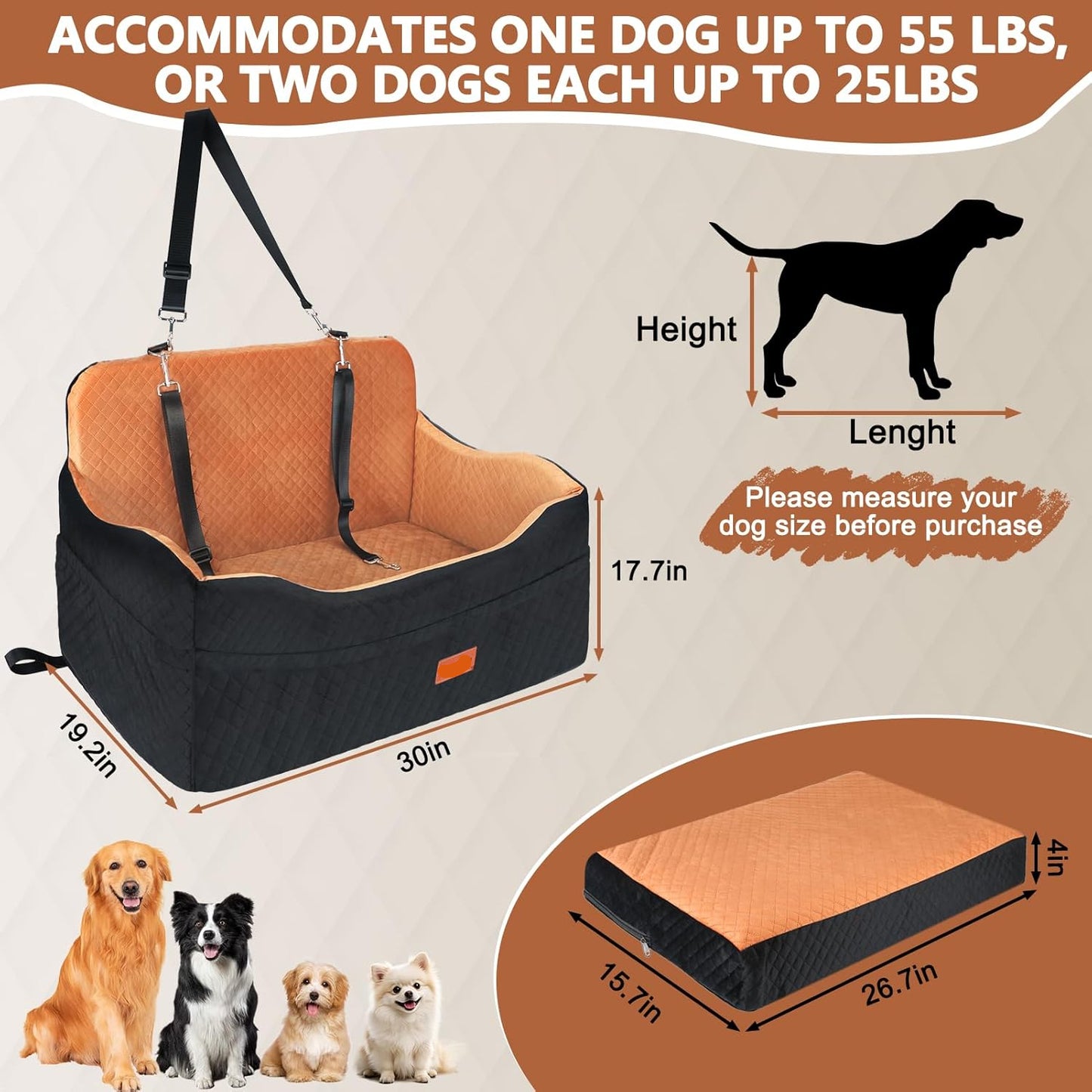 4" Raised Foam Dog Booster Seat - Safety Leash, Washable Cover for Medium/Large Dogs (Car/Truck/SUV)