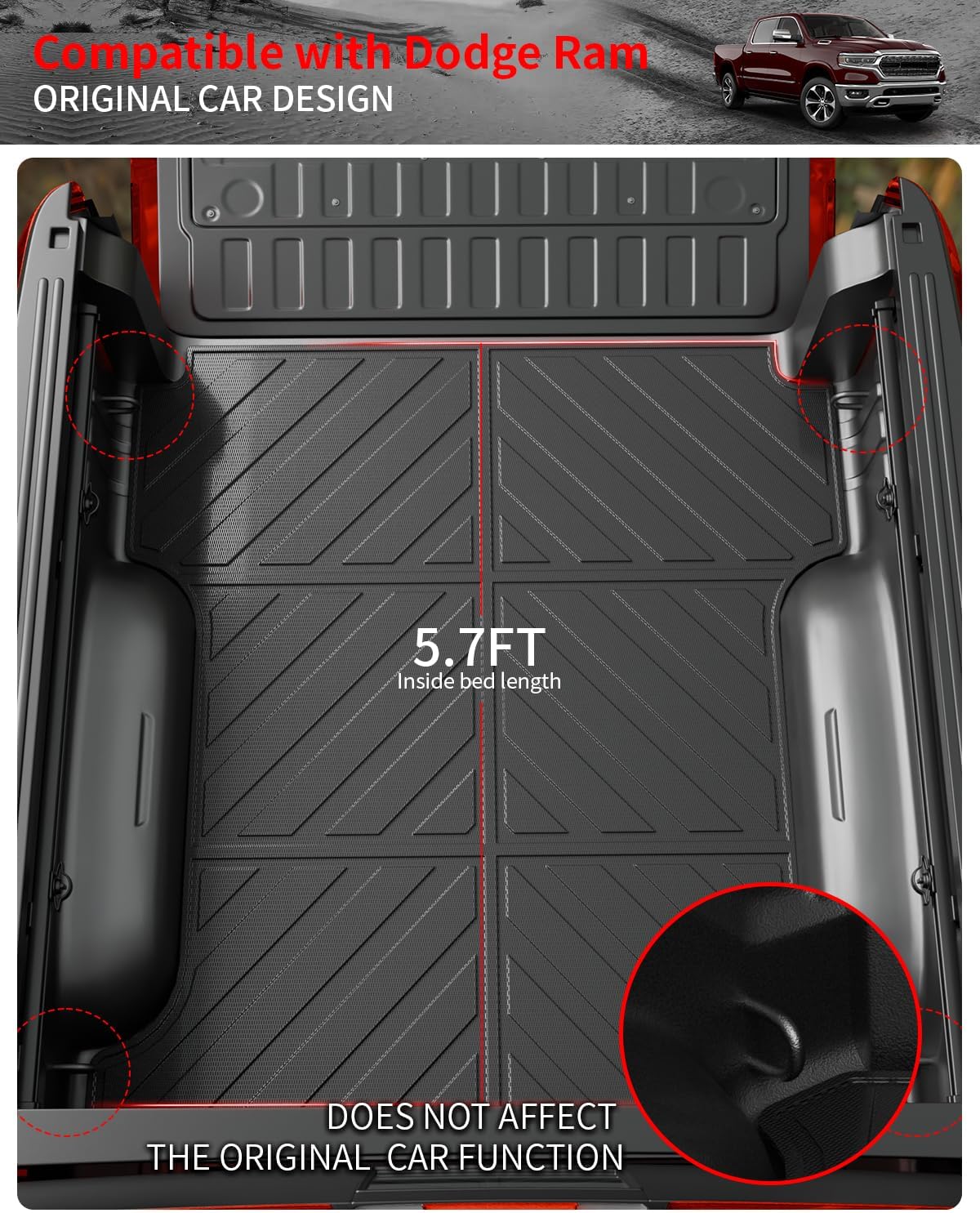 5.7 FT Truck Bed Mat Compatible with 2019-2024 Dodge Ram 1500 Bed Mat - OHMU