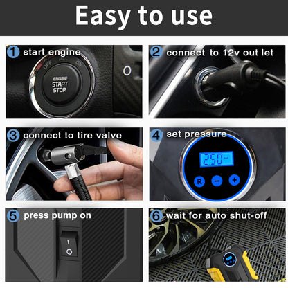 12V Portable Digital Tire Inflator with LED Light - Car Auto Air Compressor
