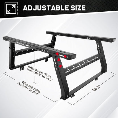 Universal Adjustable Truck Bed Rack - Overland/Contractor, 500-800 lb Capacity, No-Drill, Fits Gladiator/F-150/Tundra/Tacoma & More