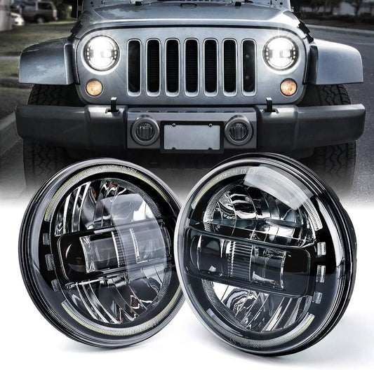 7" LED Round Headlights Compatible with 1997-2018 Jeep Wrangler JK JKU LJ CJ TJ Hummer H1 H2, Halo Ring Headlamps DOT Approved, High/Low Sealed Beam, Plug & Play, Black