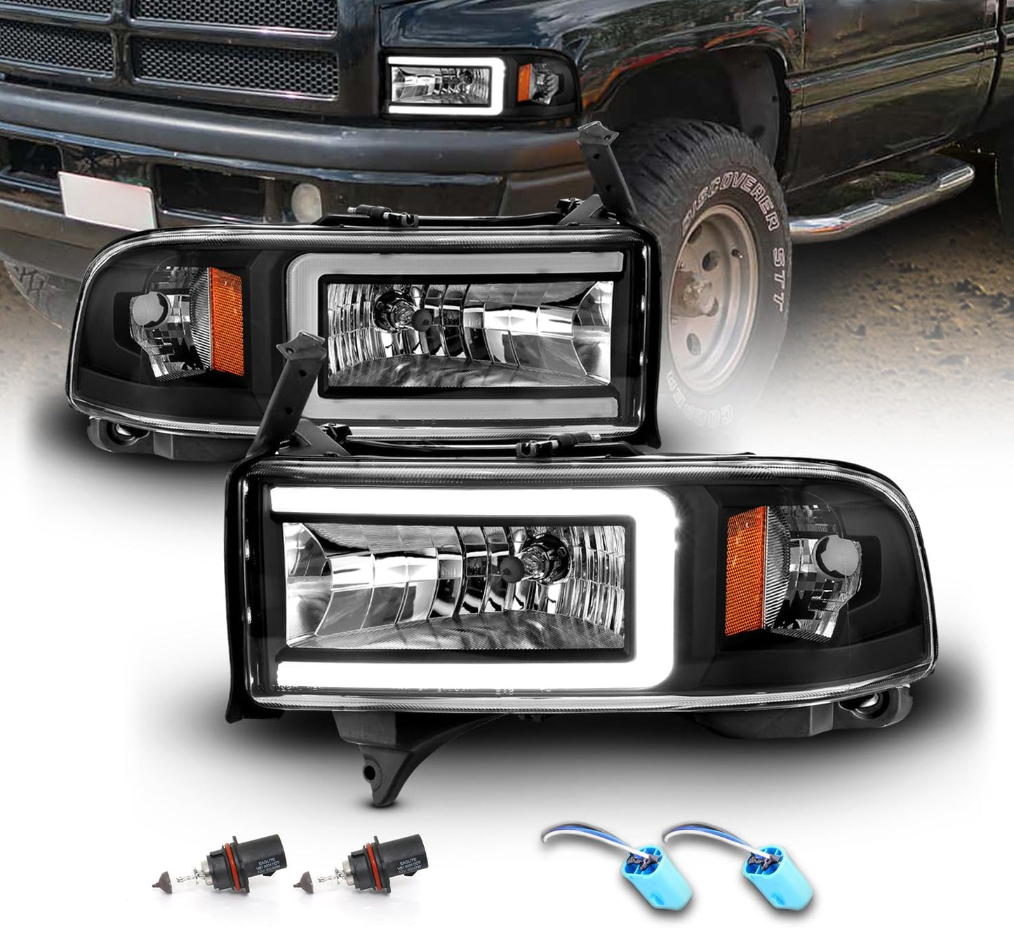 AmeriLite 1994-2001 Dodge Ram 1500 2500 3500 HD C-Type LED Tube Black 1pc Replacement Headlights Set - Passenger and Driver Side