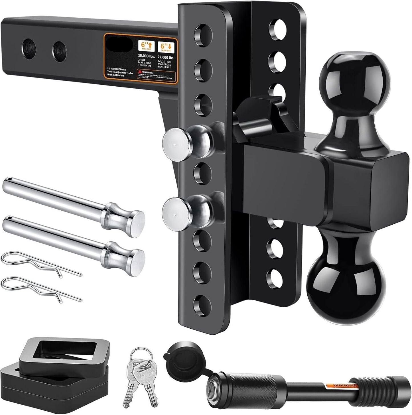 Adjustable 2.5" Trailer Hitch - 6" Drop/Rise, 2"/2-5/16" Balls, 22,000 lb GTW, Anti-Theft Pin (Black)