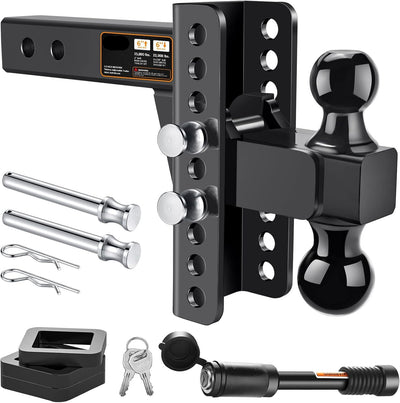 Adjustable 2.5" Trailer Hitch - 6" Drop/Rise, 2"/2-5/16" Balls, 22,000 lb GTW, Anti-Theft Pin (Black)