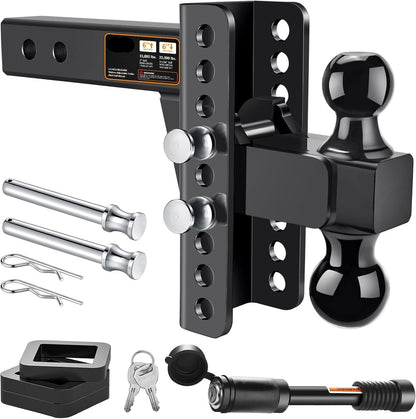 Adjustable 2.5" Trailer Hitch - 6" Drop/Rise, 2"/2-5/16" Balls, 22,000 lb GTW, Anti-Theft Pin (Black)