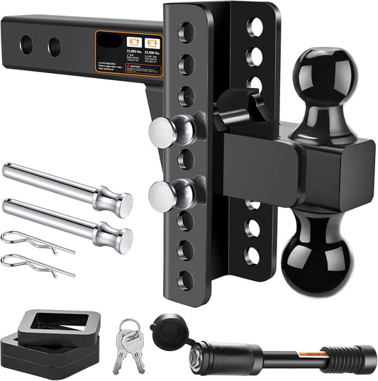 Adjustable 2.5" Trailer Hitch - 6" Drop/Rise, 2"/2-5/16" Balls, 22,000 lb GTW, Anti-Theft Pin (Black)
