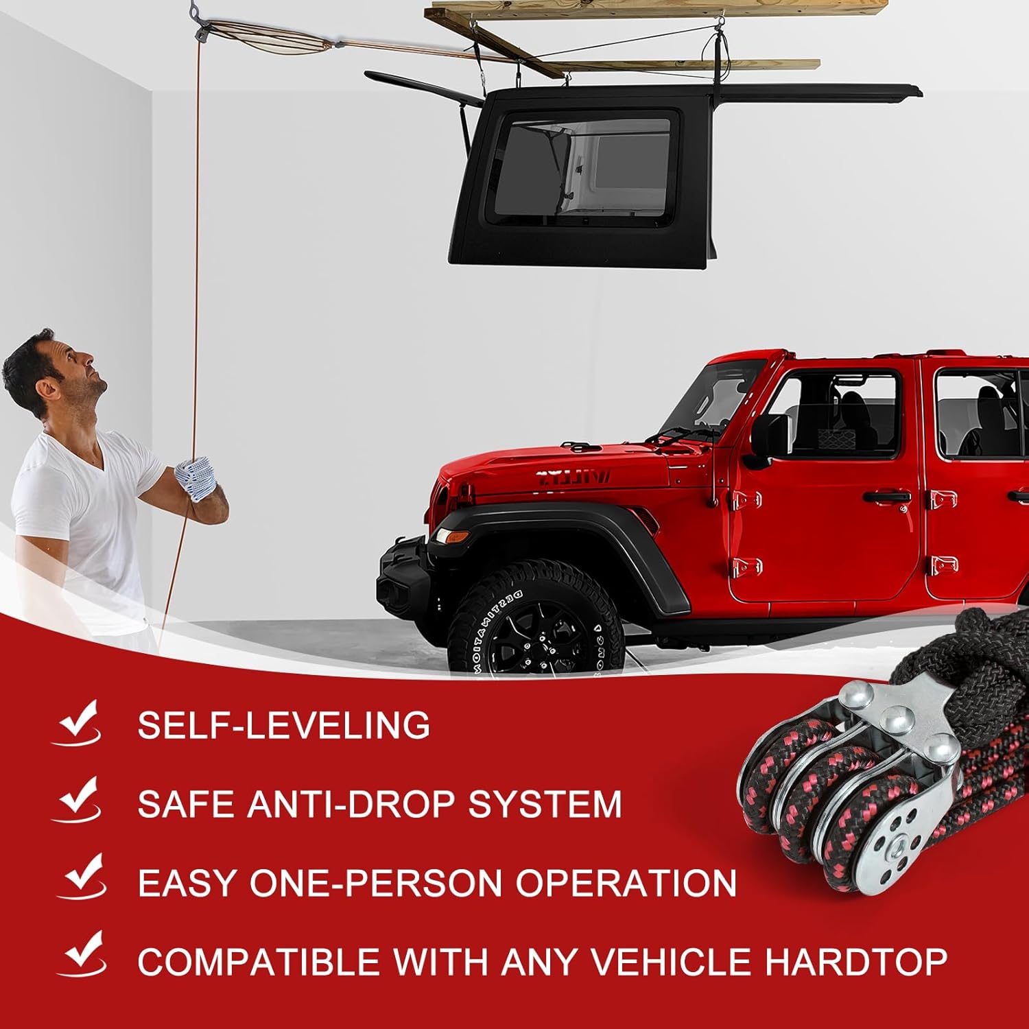 Hardtop Anti-Fall Removal Lift for Jeep Wrangler JL, JK, TJ, and Other Models with Hardtops | Idle Items, Kayak & Attic Hoist | Supports 8-16 ft Ceilings, Comes with 6 T-Knobs (Red)