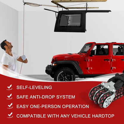 Hardtop Anti-Fall Removal Lift for Jeep Wrangler JL, JK, TJ, and Other Models with Hardtops | Idle Items, Kayak & Attic Hoist | Supports 8-16 ft Ceilings, Comes with 6 T-Knobs (Red)