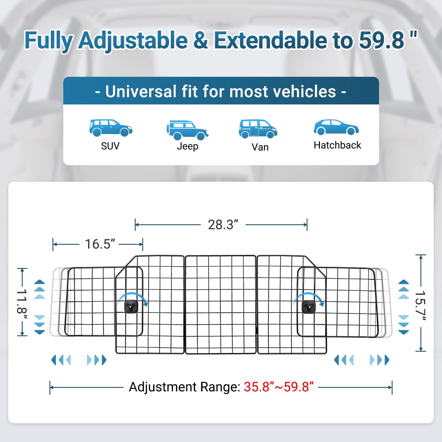 Triple-Folding Adjustable Dog Barrier - Heavy-Duty Wire Mesh for SUV/Van Cargo Area, Universal Fit
