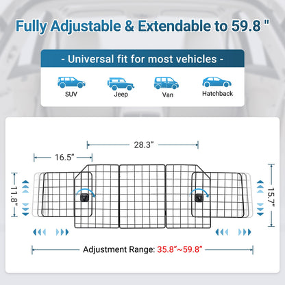 Triple-Folding Adjustable Dog Barrier - Heavy-Duty Wire Mesh for SUV/Van Cargo Area, Universal Fit