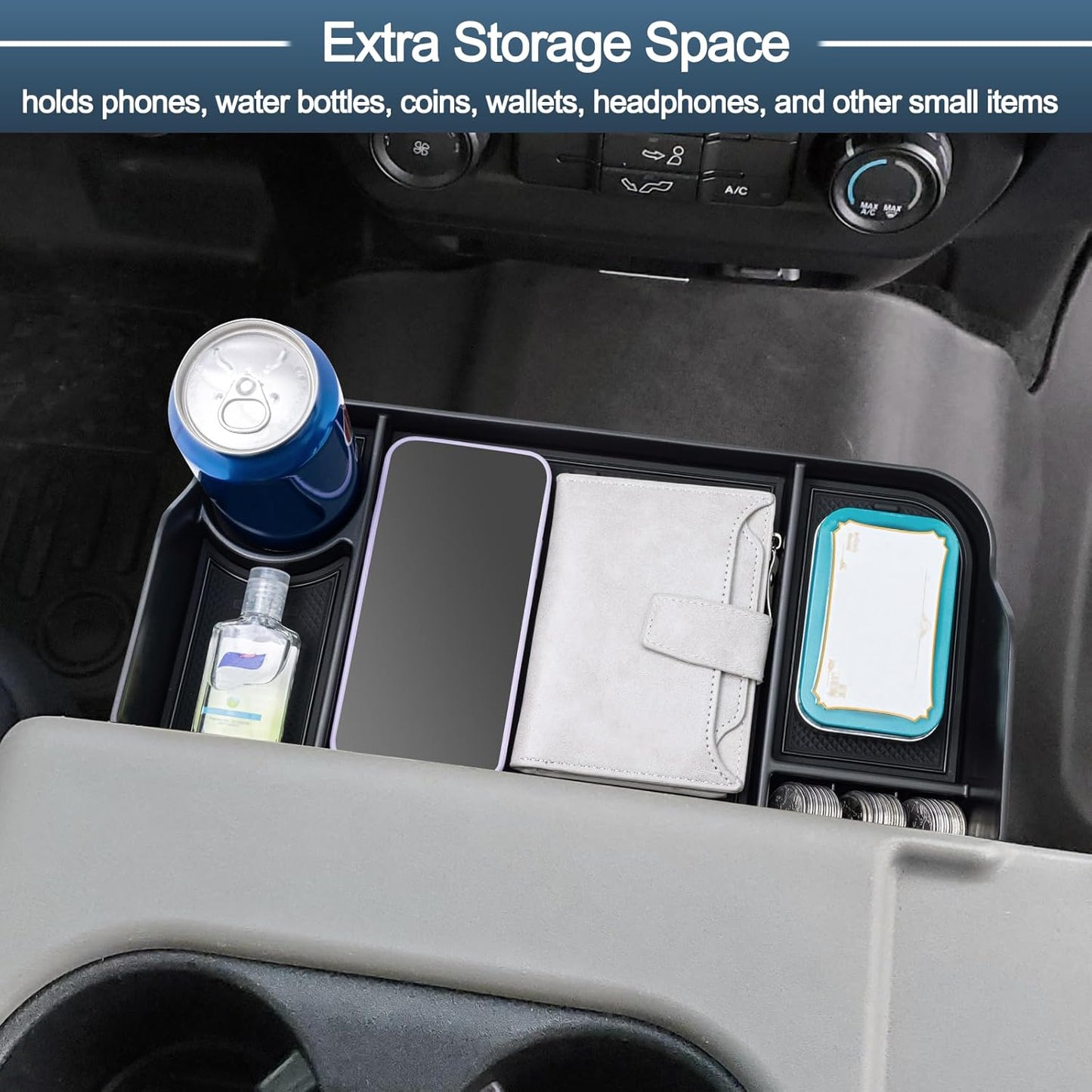 JDMCAR Upgrade Front Center Seat Headrest Organizer Compatible with 2011-2024 2025 Ford F150 F250 F350 F450 F550 F650 Accessories, Coin Container Storage Box with Non-Slip Silicone Mat(Jump Seat Only)