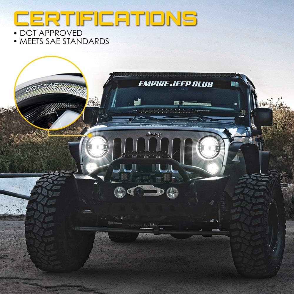 7" LED Round Headlights Compatible with 1997-2018 Jeep Wrangler JK JKU LJ CJ TJ Hummer H1 H2, Halo Ring Headlamps DOT Approved, High/Low Sealed Beam, Plug & Play, Black