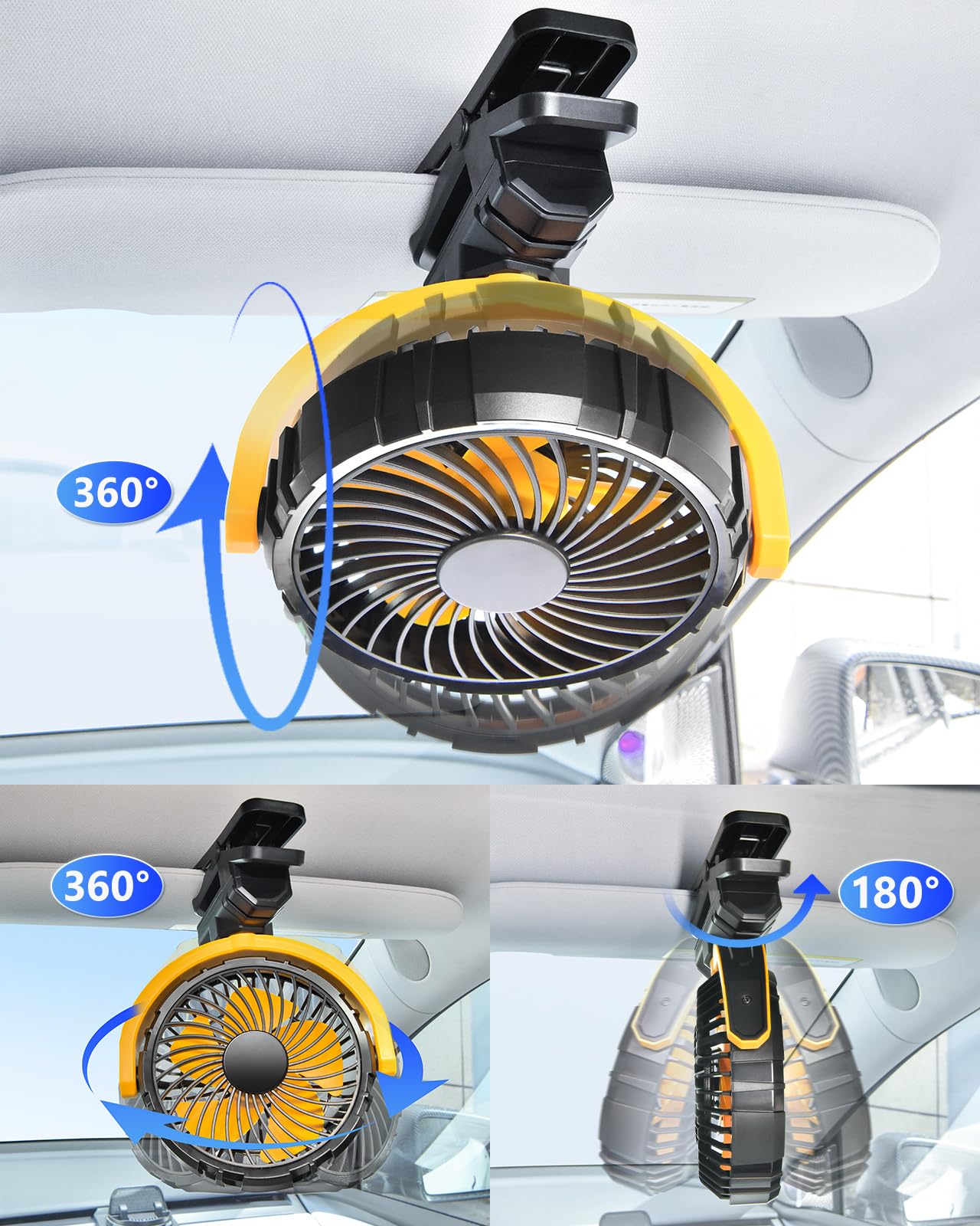 Portable Rechargeable Car Fan for Back Seat & Stroller, Quiet 360° Rotation