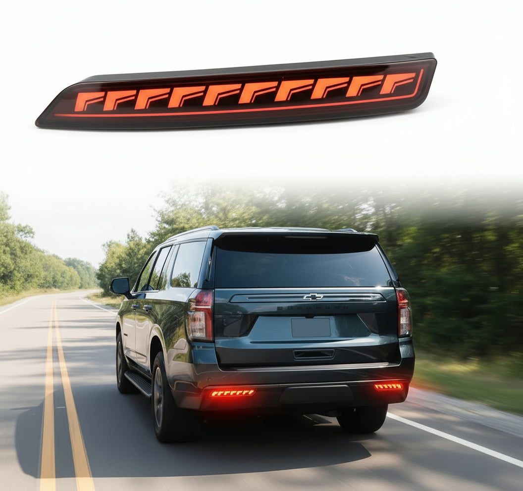 Red Lens Rear Fog Bumper Reflector Brake Tail Sequential Flash Signal LED Lights Lamp Compatible with Chevrolet Chevy Suburban Tahoe GMC Yukon/Denali 2021-2024 Accessories (SMOKED)