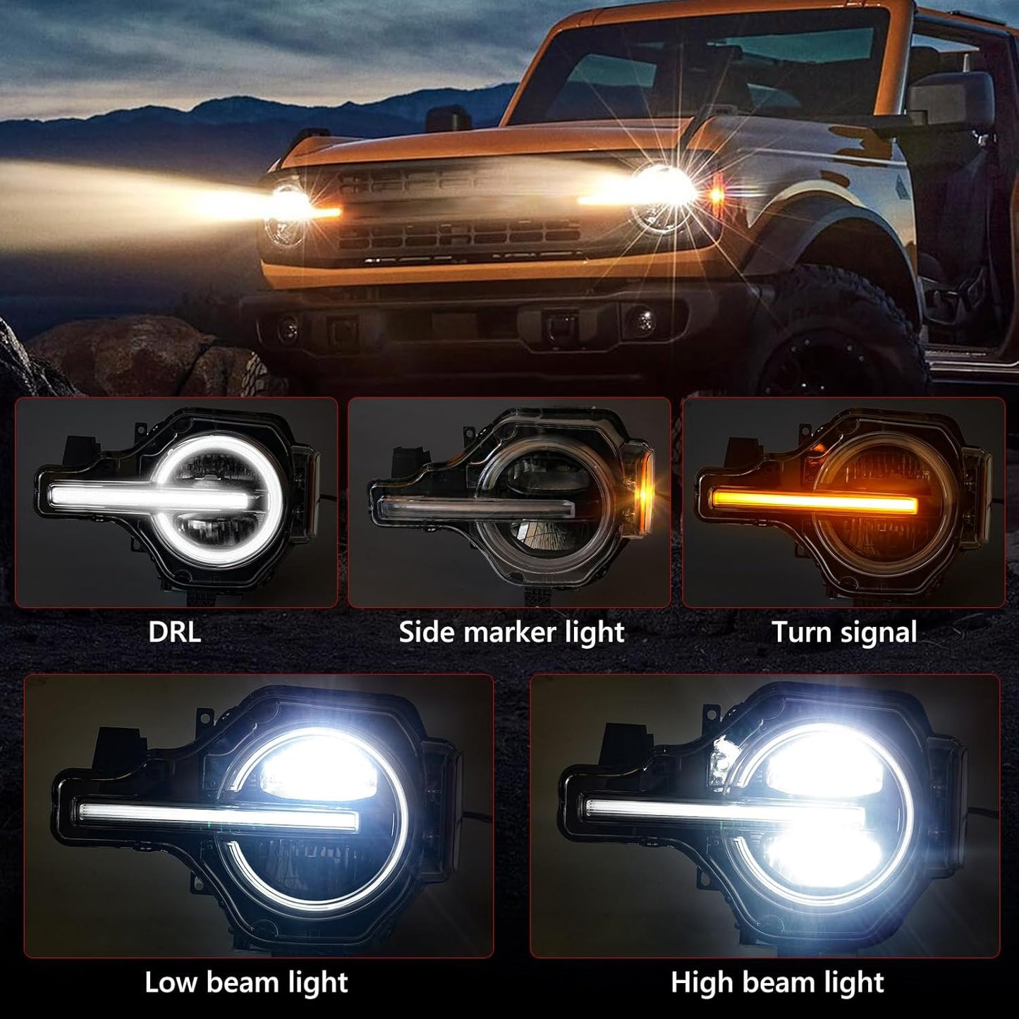 Left Full LED Headlight for Ford Bronco 2021 2022 2023 2024 2025, LH Headlamp Assembly Projector OE Factory Style Replacement for M2DZ13008F Driver Side
