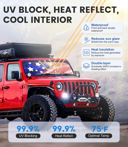 USA Flag Windshield Sun Shade for 1997-2025 Jeep Wrangler & Gladiator - UV Protection