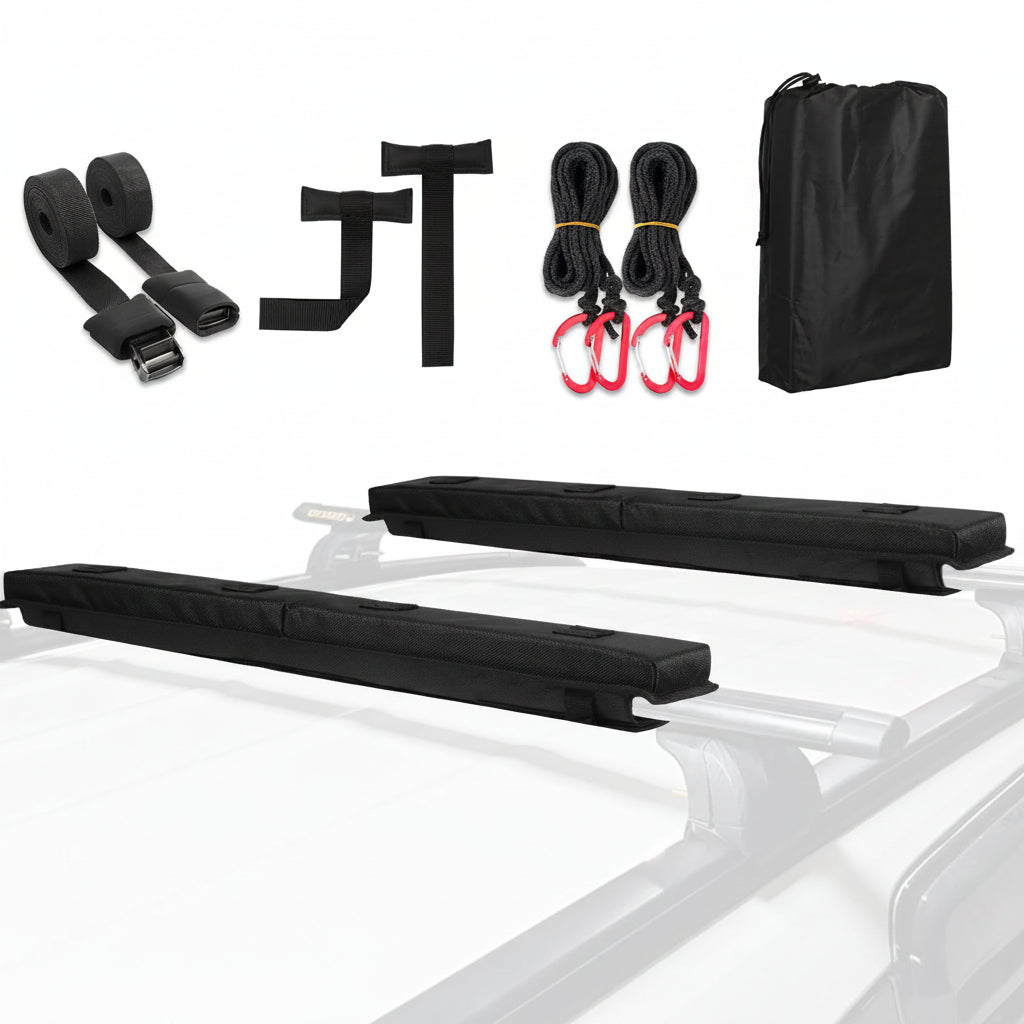Soft Roof Rack Pads Kit (30") for Surfboard/Kayak - 2 Straps/Ropes/Hood Loops, Storage Bag Included